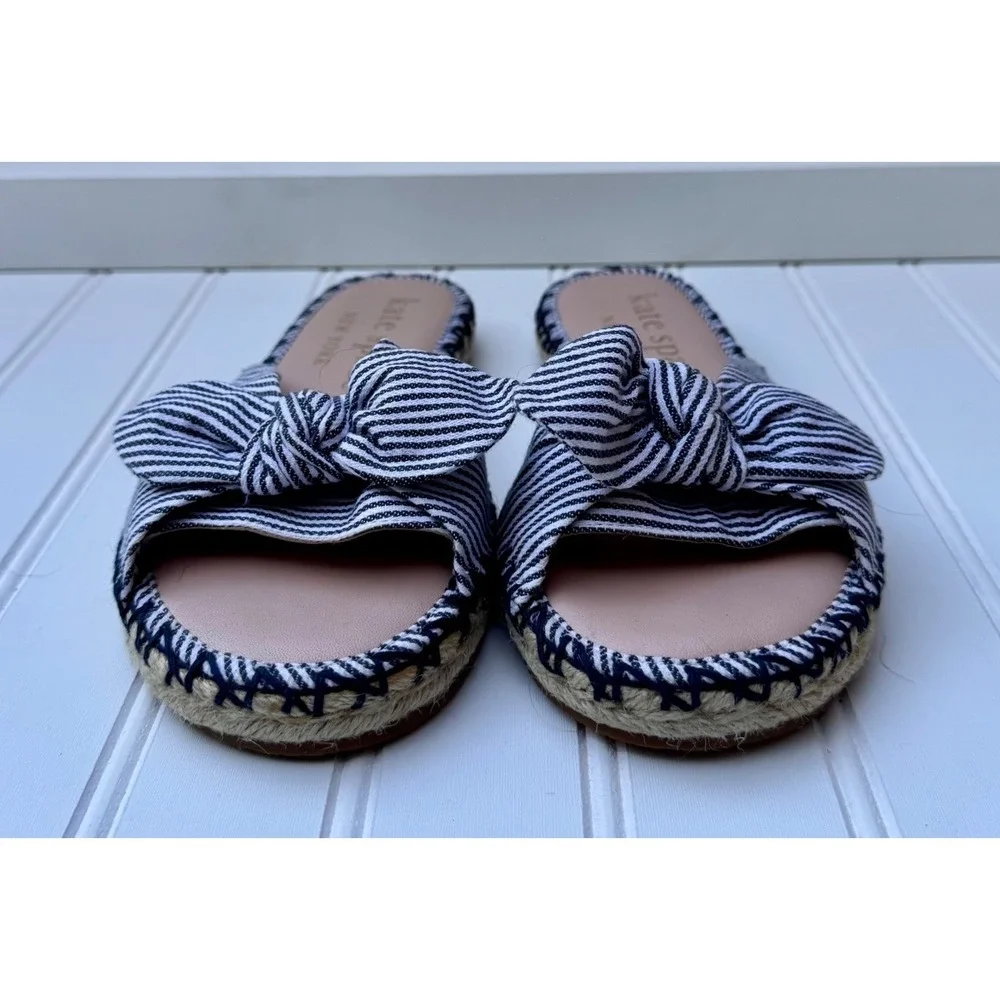 Kate Spade Saltie Shore Navy White Striped Bow Espadrille Slide Sandals 7B